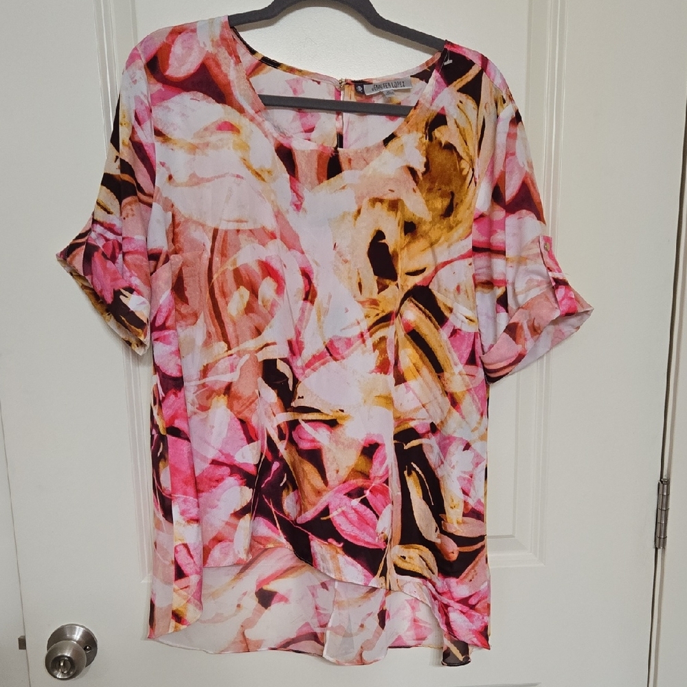 Jennifer Lopez Pink and Gold Abstract Blouse